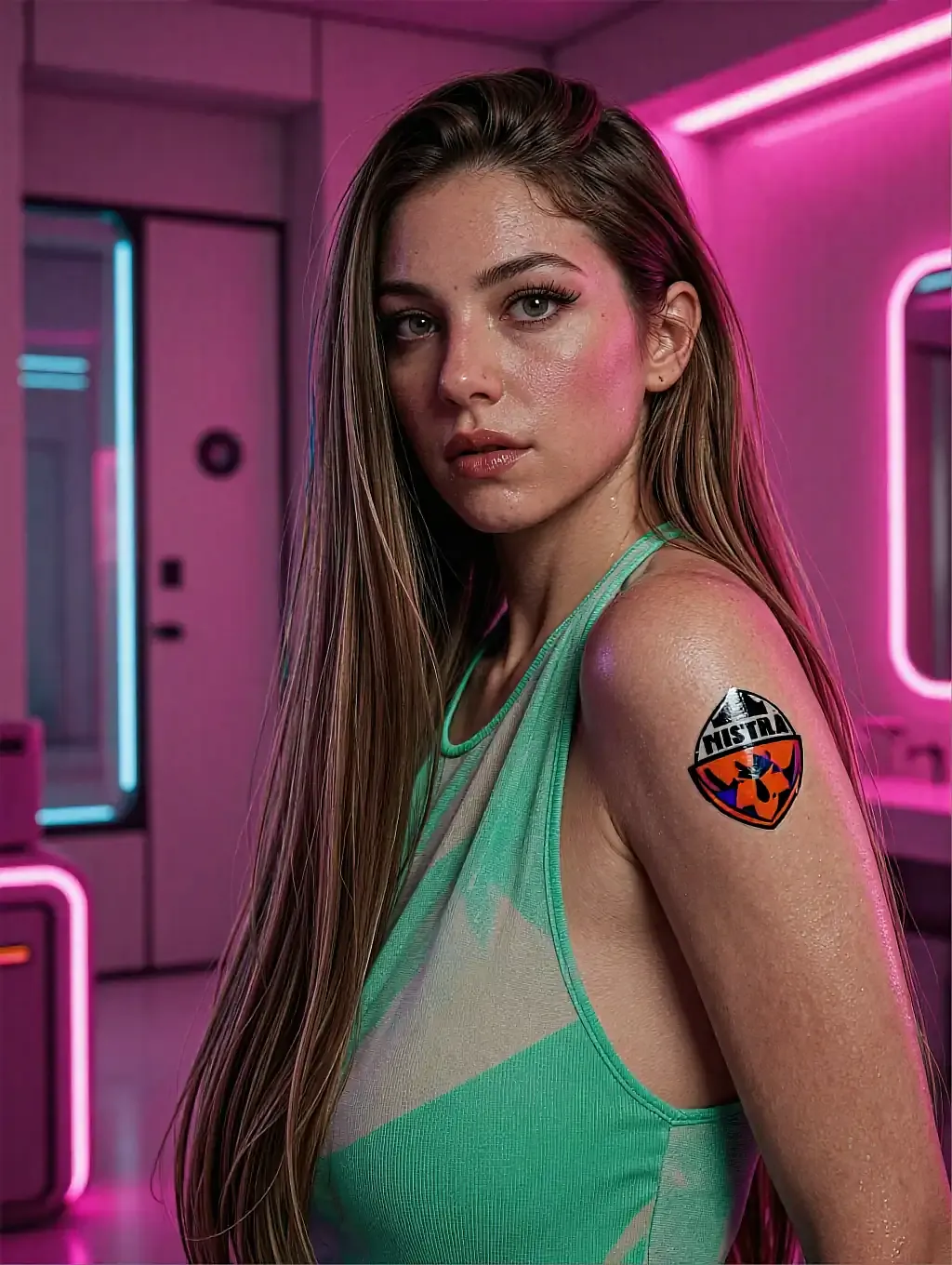 Portrait of a fictional AI character featured on the NSFW pics page, warm light